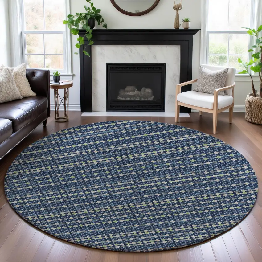 8' X 8' Navy Blue Gray And Silver Striped Washable Round Rug With UV Protection Photo 4