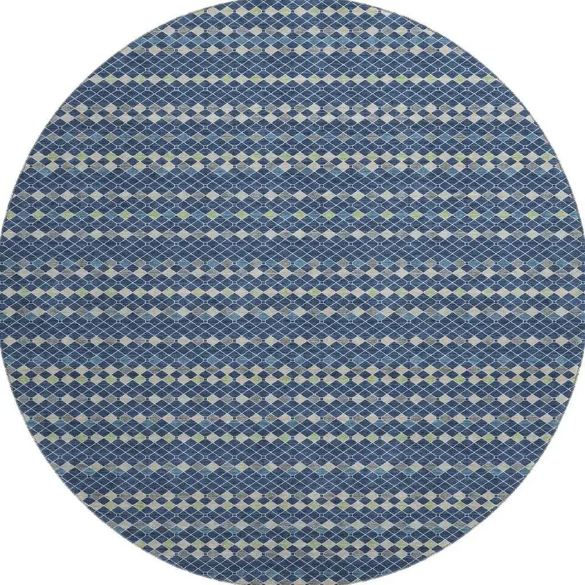 8' X 8' Navy Blue Gray And Silver Striped Washable Round Rug With UV Protection Photo 3
