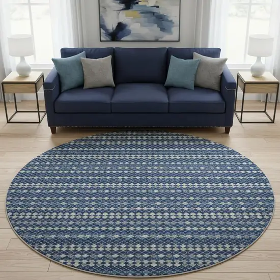 8' X 8' Navy Blue Gray And Silver Striped Washable Round Rug With UV Protection Photo 2
