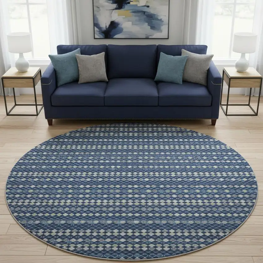 8' X 8' Navy Blue Gray And Silver Striped Washable Round Rug With UV Protection Photo 2