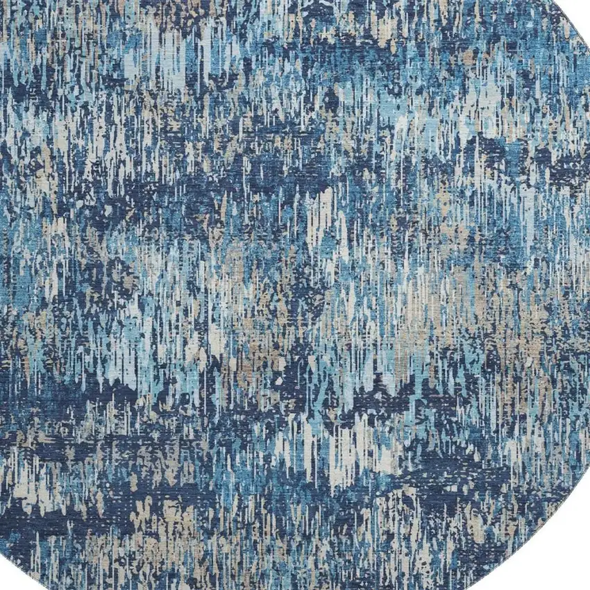 8' X 8' Navy Blue Ivory And Gray Striped Washable Round Rug With UV Protection Photo 3