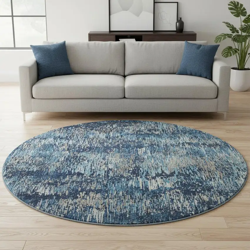 8' X 8' Navy Blue Ivory And Gray Striped Washable Round Rug With UV Protection Photo 2