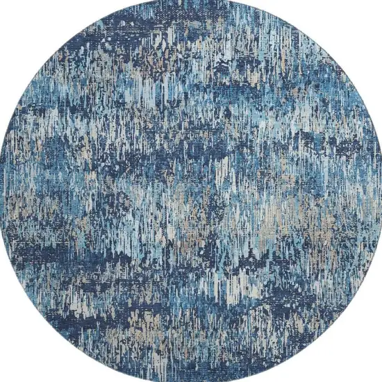 8' X 8' Navy Blue Ivory And Gray Striped Washable Round Rug With UV Protection Photo 3