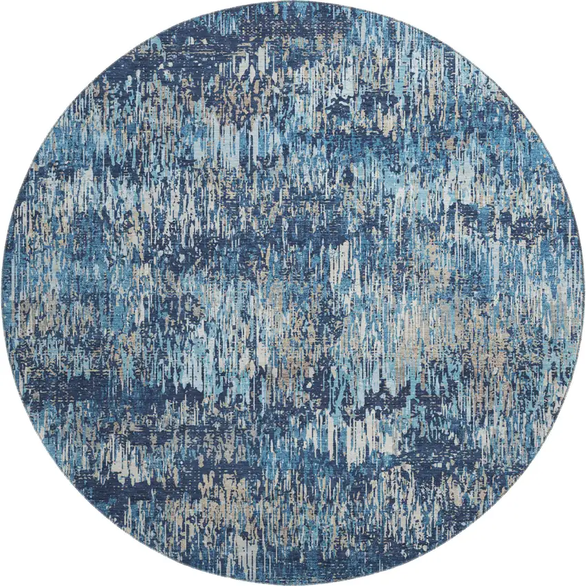 8' X 8' Navy Blue Ivory And Gray Striped Washable Round Rug With UV Protection Photo 1