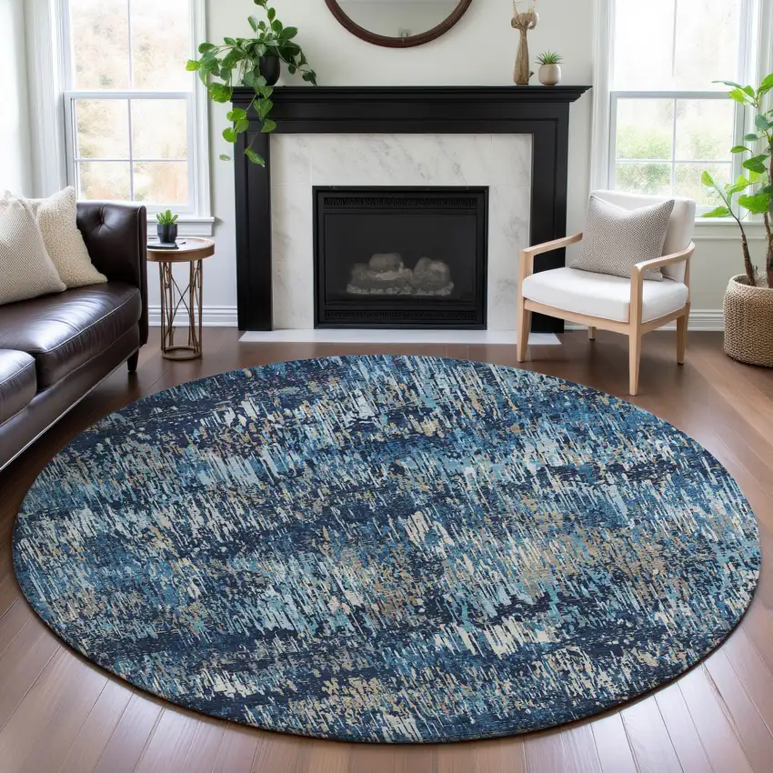 8' X 8' Navy Blue Ivory And Gray Striped Washable Round Rug With UV Protection Photo 4