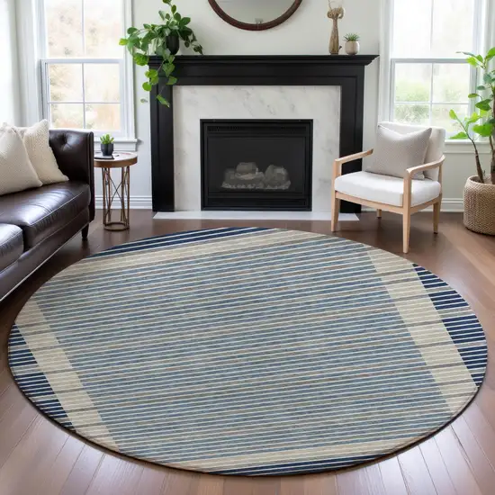 8' X 8' Navy Blue Ivory And Gray Striped Washable Round Rug With UV Protection Photo 4