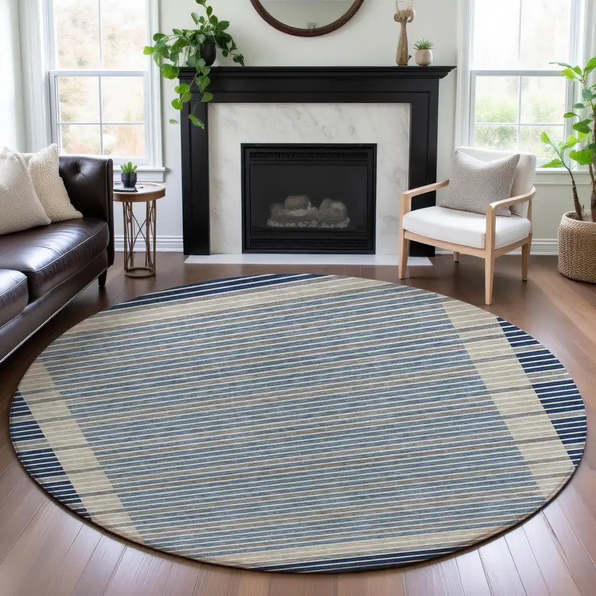 8' X 8' Navy Blue Ivory And Gray Striped Washable Round Rug With UV Protection Photo 4