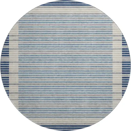 8' X 8' Navy Blue Ivory And Gray Striped Washable Round Rug With UV Protection Photo 1