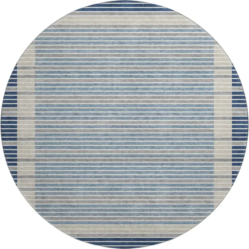 8' X 8' Navy Blue Ivory And Gray Striped Washable Round Rug With UV Protection Photo 1