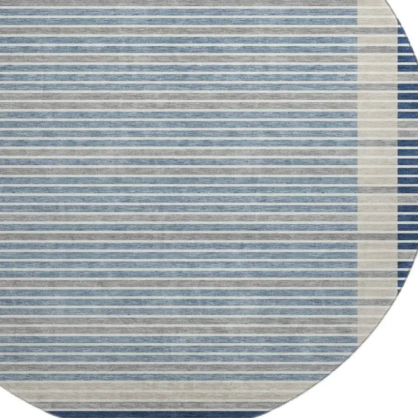 8' X 8' Navy Blue Ivory And Gray Striped Washable Round Rug With UV Protection Photo 2