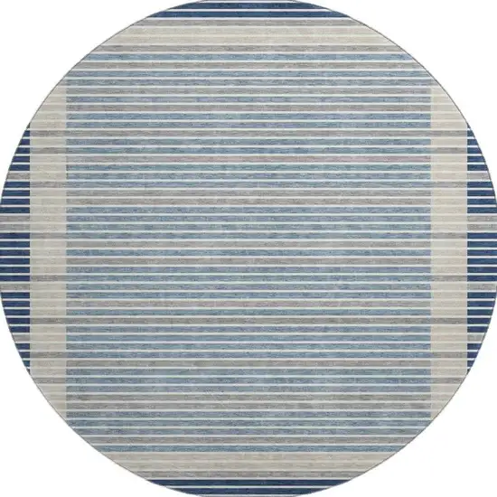 8' X 8' Navy Blue Ivory And Gray Striped Washable Round Rug With UV Protection Photo 3