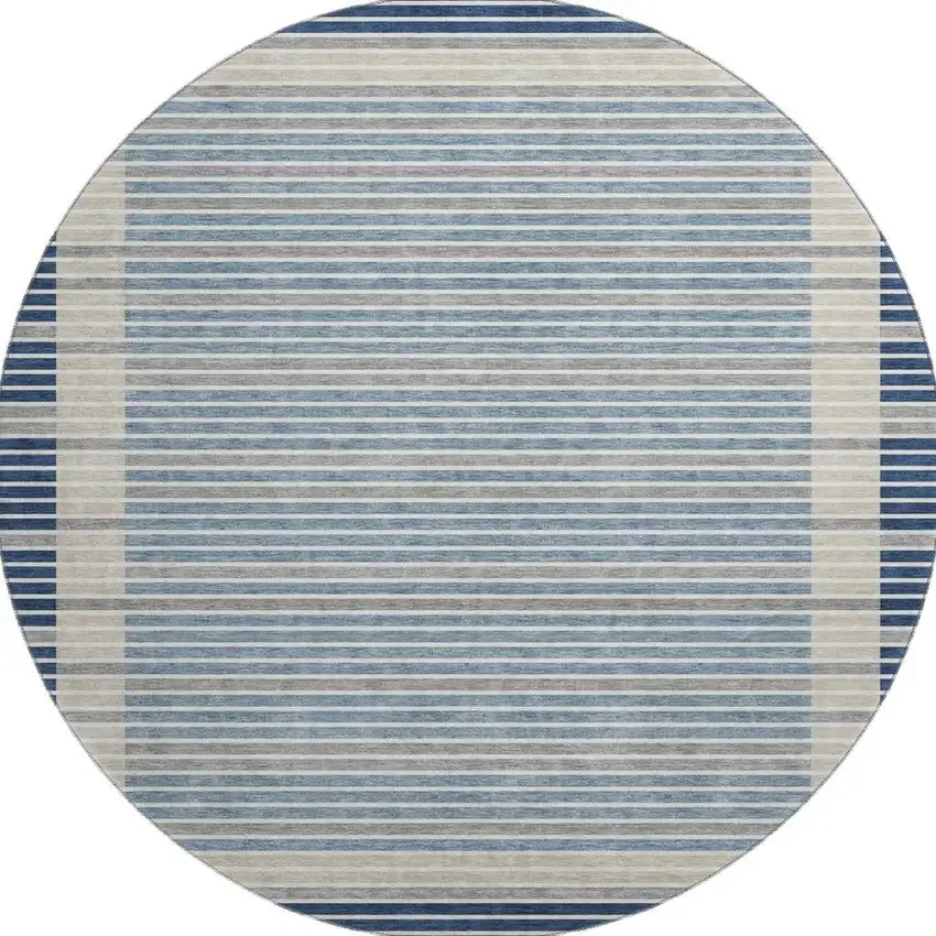 8' X 8' Navy Blue Ivory And Gray Striped Washable Round Rug With UV Protection Photo 3