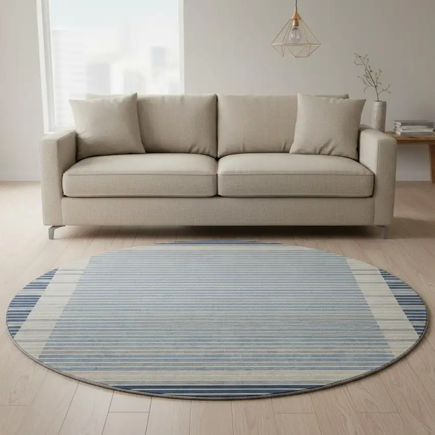 8' X 8' Navy Blue Ivory And Gray Striped Washable Round Rug With UV Protection Photo 2