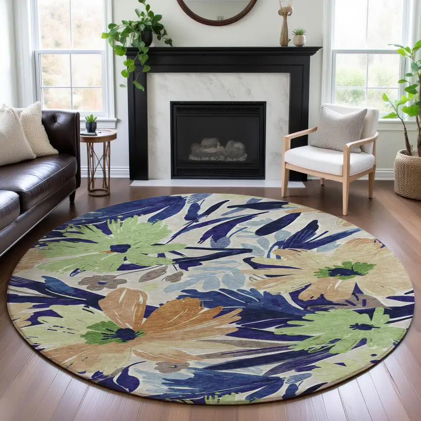 8' X 8' Navy Blue Mint Green And Copper Floral Washable Round Rug With UV Protection Photo 4