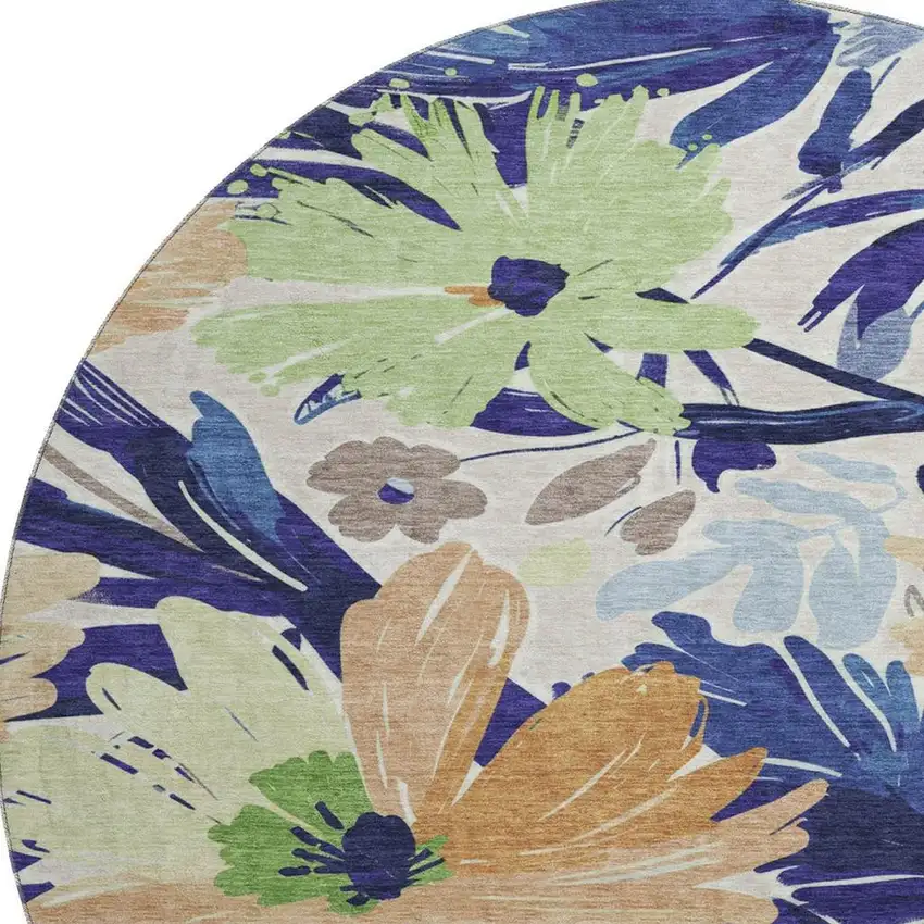 8' X 8' Navy Blue Mint Green And Copper Floral Washable Round Rug With UV Protection Photo 2