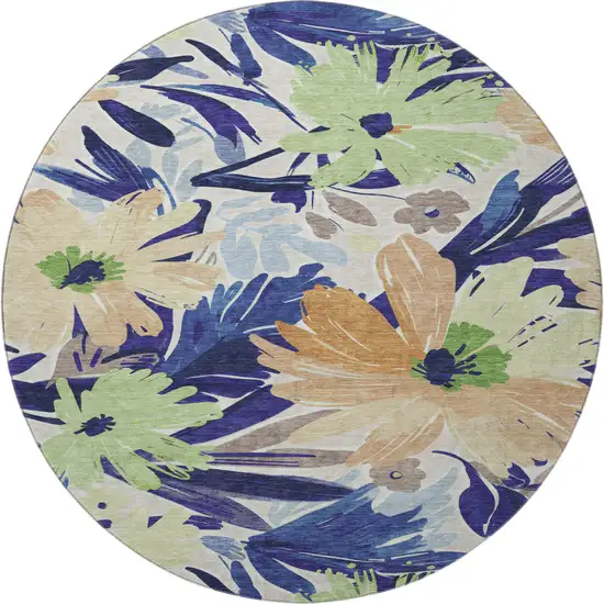 8' X 8' Navy Blue Mint Green And Copper Floral Washable Round Rug With UV Protection Photo 3