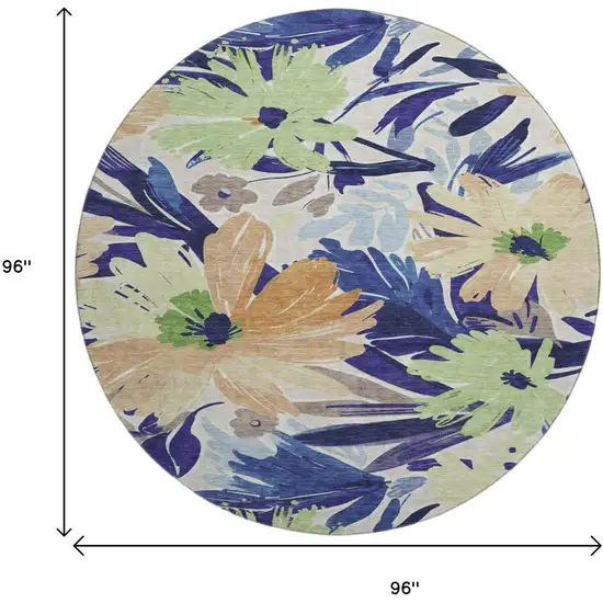 8' X 8' Navy Blue Mint Green And Copper Floral Washable Round Rug With UV Protection Photo 9