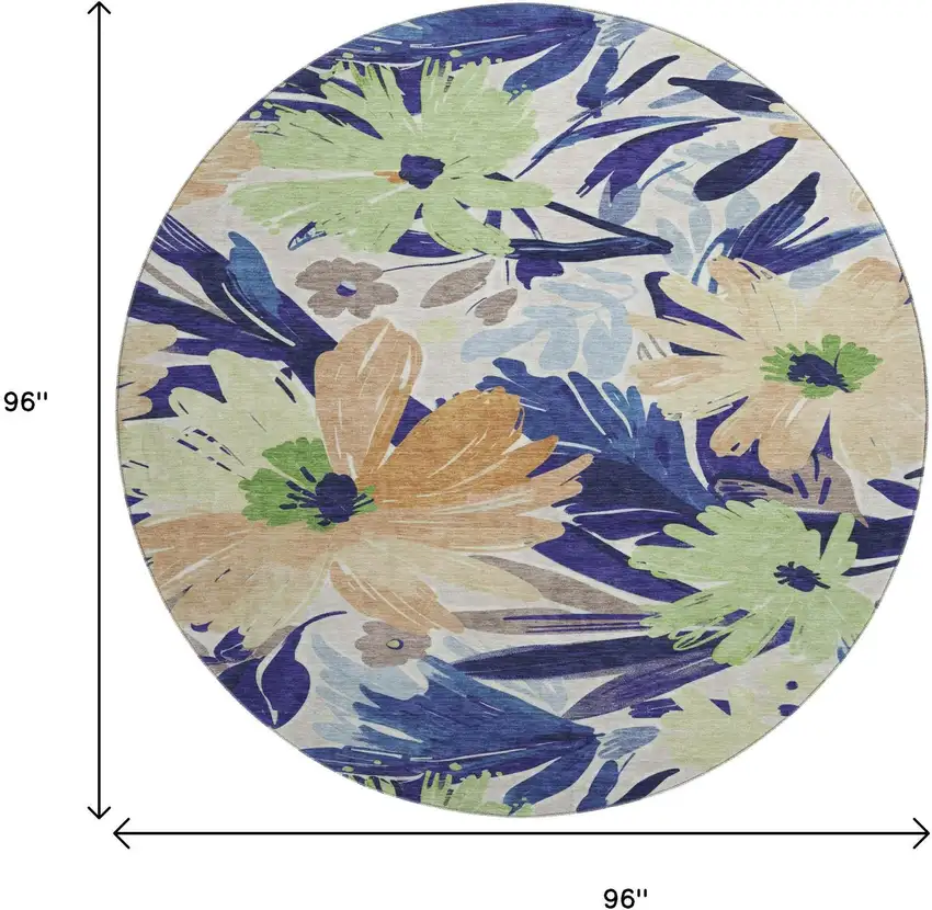 8' X 8' Navy Blue Mint Green And Copper Floral Washable Round Rug With UV Protection Photo 9