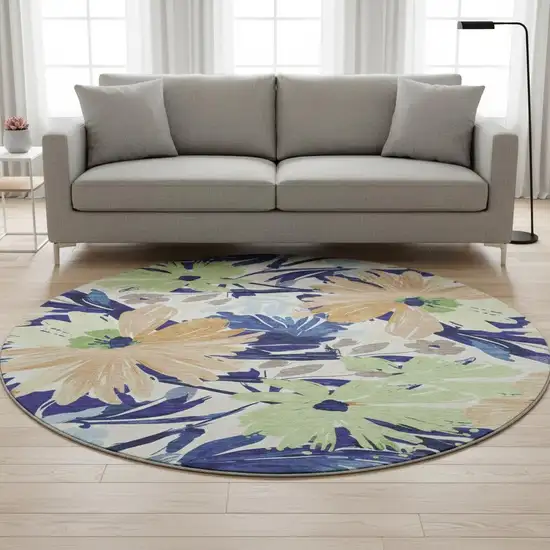 8' X 8' Navy Blue Mint Green And Copper Floral Washable Round Rug With UV Protection Photo 2