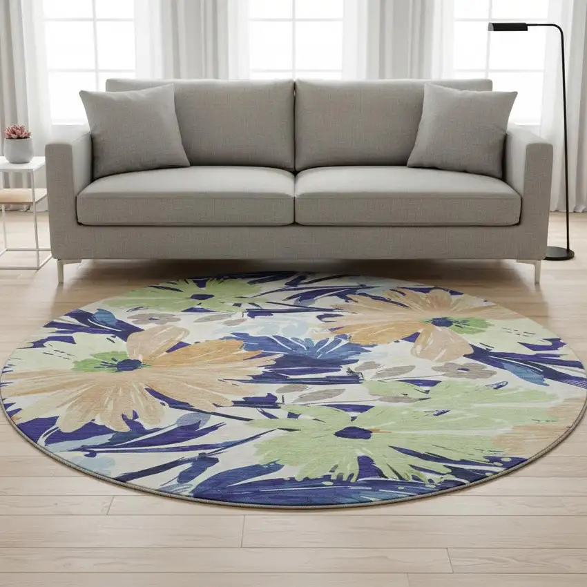 8' X 8' Navy Blue Mint Green And Copper Floral Washable Round Rug With UV Protection Photo 2