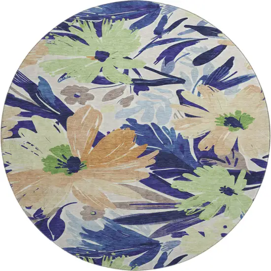 8' X 8' Navy Blue Mint Green And Copper Floral Washable Round Rug With UV Protection Photo 1