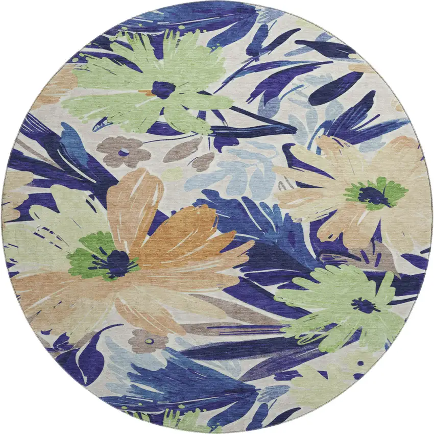 8' X 8' Navy Blue Mint Green And Copper Floral Washable Round Rug With UV Protection Photo 1