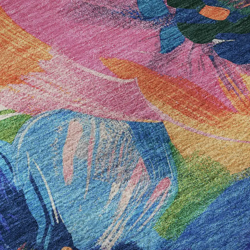 8' X 8' Navy Blue Orange And Pink Floral Washable Round Rug With UV Protection Photo 8