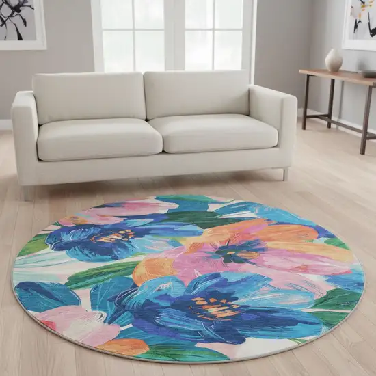 8' X 8' Navy Blue Orange And Pink Floral Washable Round Rug With UV Protection Photo 2