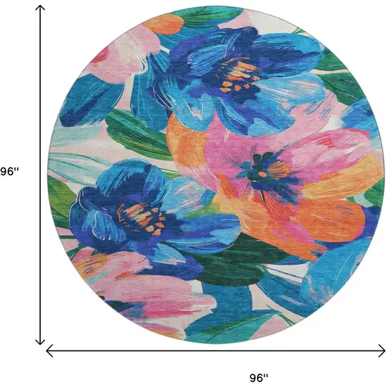 8' X 8' Navy Blue Orange And Pink Floral Washable Round Rug With UV Protection Photo 9