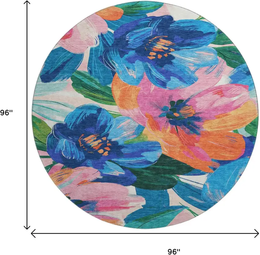 8' X 8' Navy Blue Orange And Pink Floral Washable Round Rug With UV Protection Photo 9