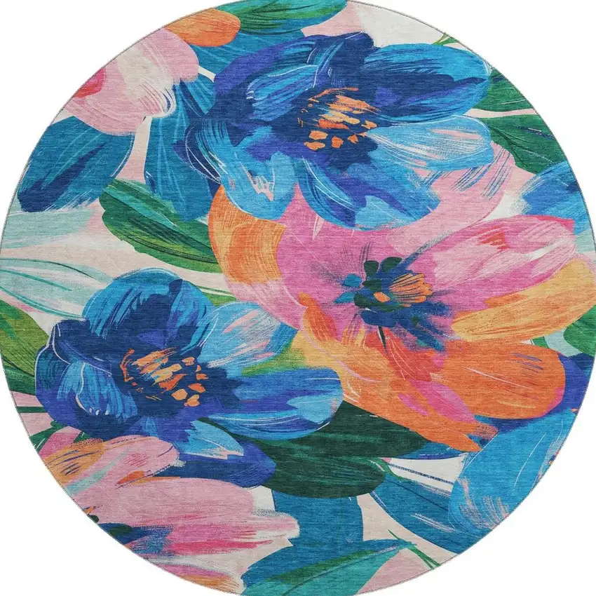 8' X 8' Navy Blue Orange And Pink Floral Washable Round Rug With UV Protection Photo 2