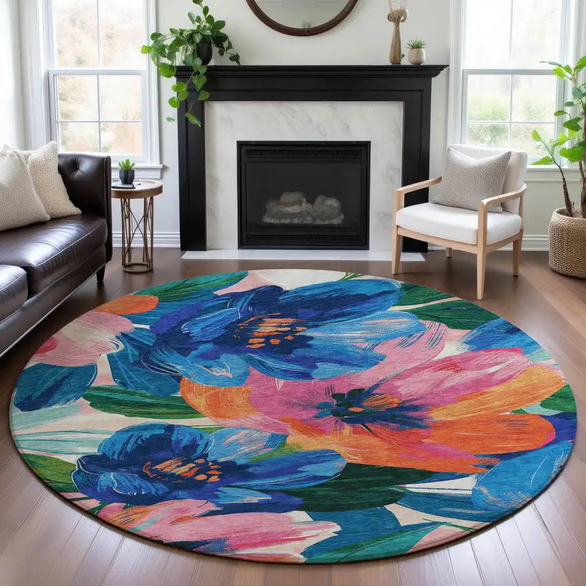8' X 8' Navy Blue Orange And Pink Floral Washable Round Rug With UV Protection Photo 4