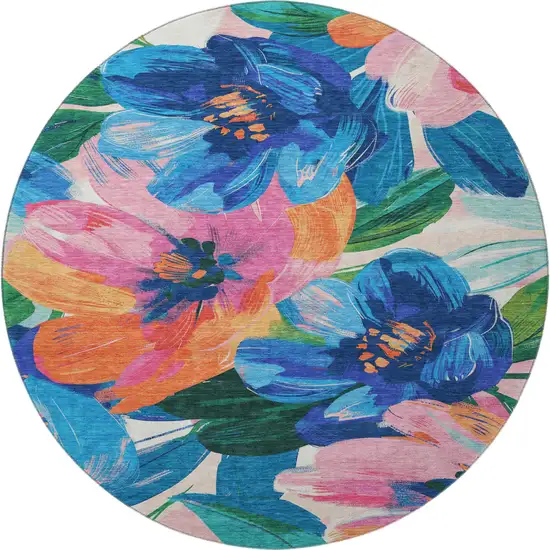 8' X 8' Navy Blue Orange And Pink Floral Washable Round Rug With UV Protection Photo 3