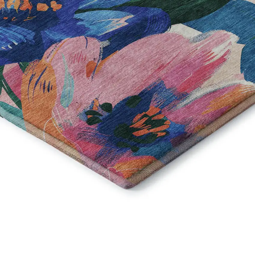 8' X 8' Navy Blue Orange And Pink Floral Washable Round Rug With UV Protection Photo 6