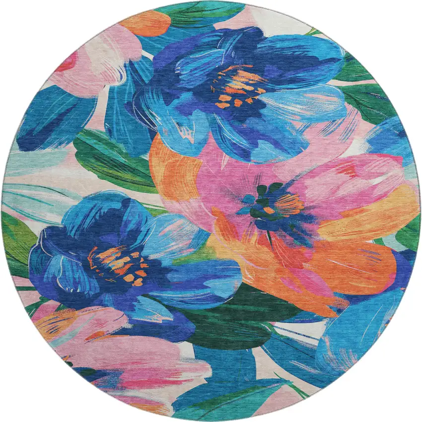 8' X 8' Navy Blue Orange And Pink Floral Washable Round Rug With UV Protection Photo 1