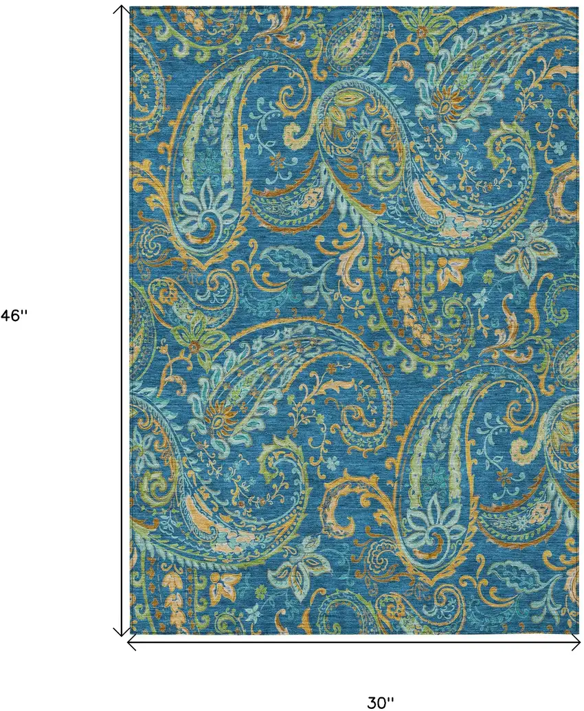 3' X 4' Navy Blue Paisley Washable Non Skid Indoor Outdoor Area Rug Photo 3