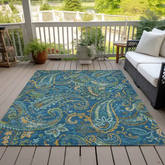Blue Green and Gold Paisley Washable Non Skid Indoor Outdoor Area Rug Photo 9
