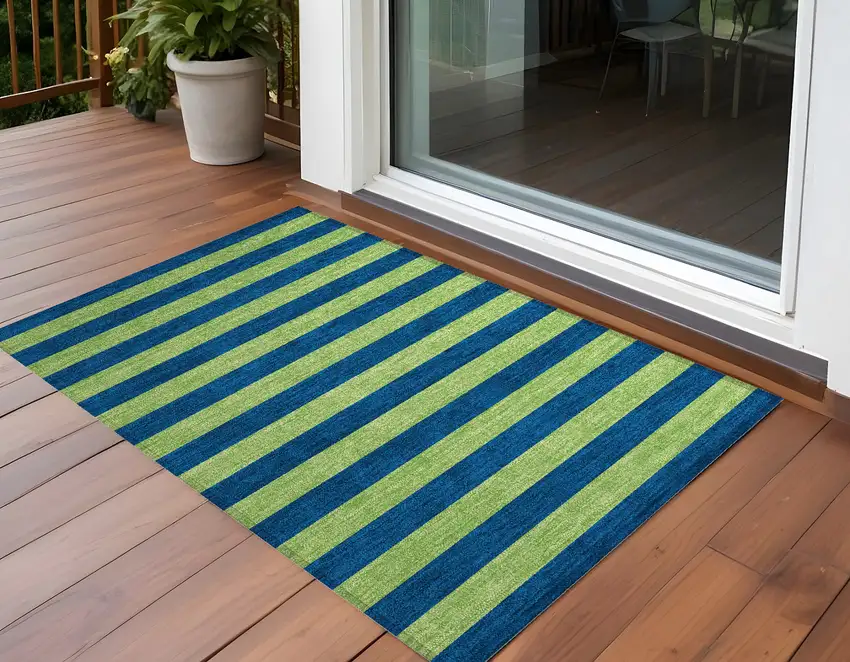 3' X 4' Navy Blue Striped Washable Non Skid Indoor Outdoor Area Rug Photo 1