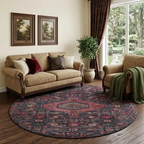 8' X 8' Navy Blue Teal And Blush Floral Washable Round Rug With UV Protection Photo 1
