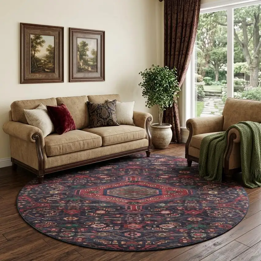 8' X 8' Navy Blue Teal And Blush Floral Washable Round Rug With UV Protection Photo 1