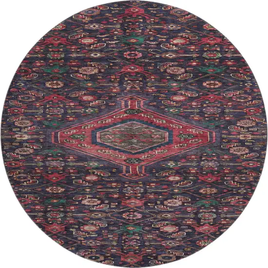 8' X 8' Navy Blue Teal And Blush Floral Washable Round Rug With UV Protection Photo 1