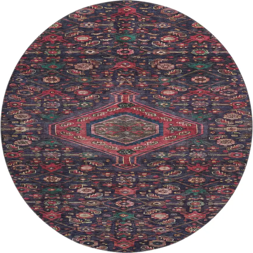 8' X 8' Navy Blue Teal And Blush Floral Washable Round Rug With UV Protection Photo 1