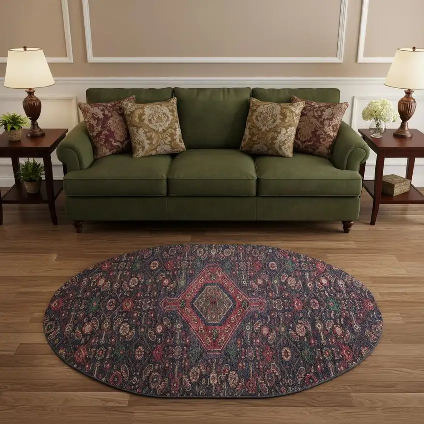 8' X 8' Navy Blue Teal And Blush Floral Washable Round Rug With UV Protection Photo 2