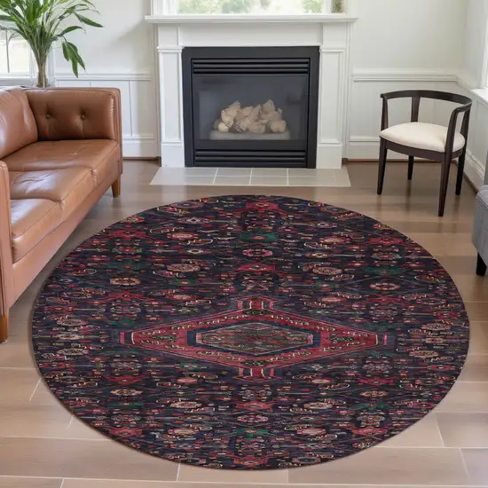 8' X 8' Navy Blue Teal And Blush Floral Washable Round Rug With UV Protection Photo 5