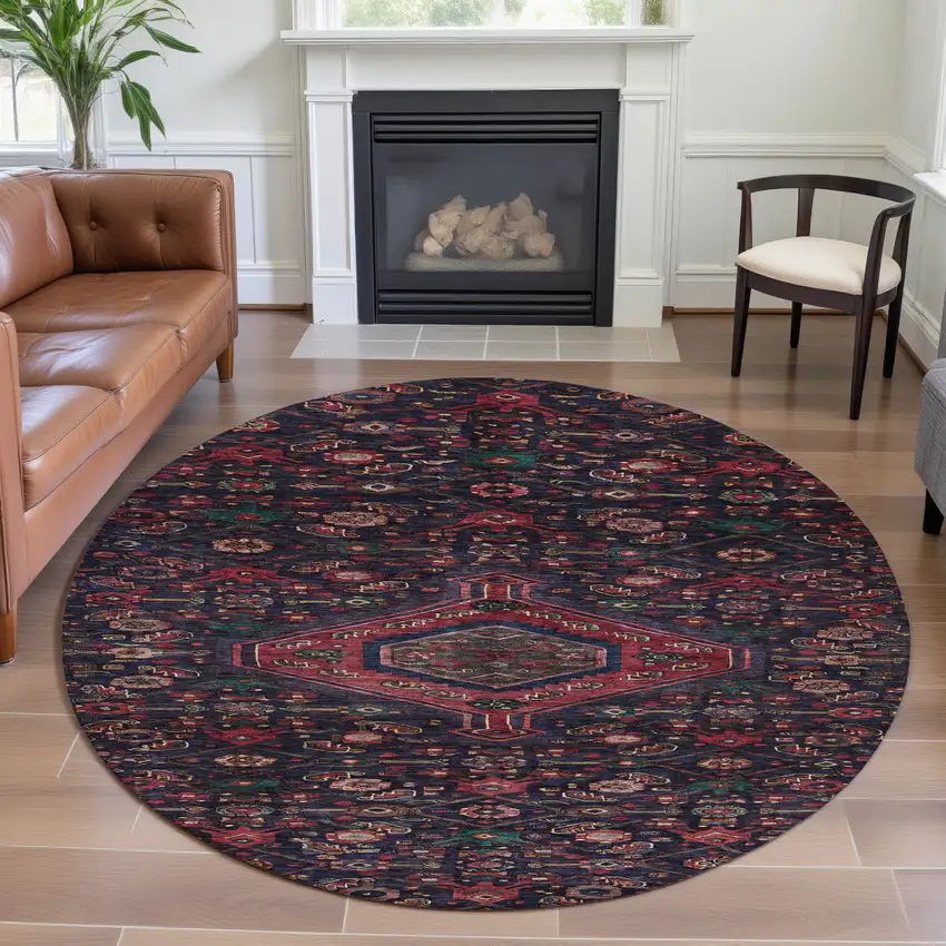 8' X 8' Navy Blue Teal And Blush Floral Washable Round Rug With UV Protection Photo 5