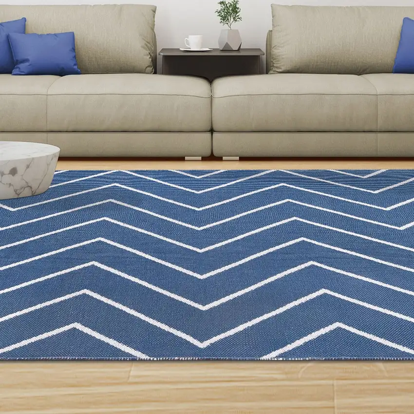 3' X 5' Navy Blue Waves Stain Resistant Indoor Outdoor Area Rug Photo 8