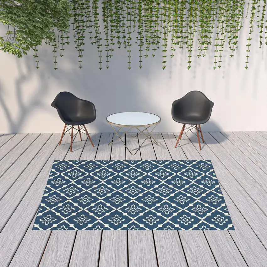 6' X 9' Navy Floral Stain Resistant Indoor Outdoor Area Rug Photo 2