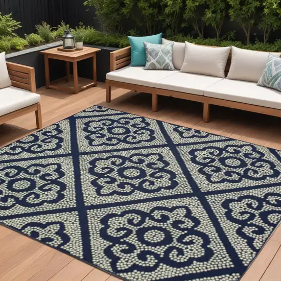 Blue and Ivory Geometric Stain Resistant Indoor Outdoor Area Rug Photo 1