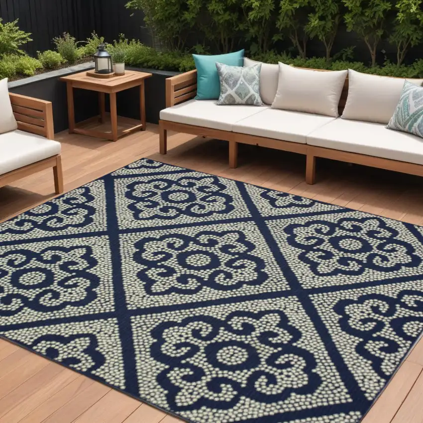Blue and Ivory Geometric Stain Resistant Indoor Outdoor Area Rug Photo 1