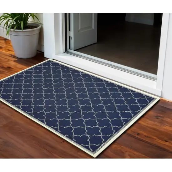 Blue and Ivory Geometric Stain Resistant Indoor Outdoor Area Rug Photo 1